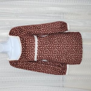 Hippy Boho Brown Floral Calico Print Corduroy Mini Dress W/ Eyelet Lace Trim SzM